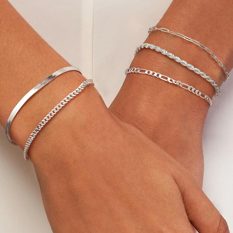 Krfy 5/6Pcs Gold Plated Bracelets for Women Trendy, S925 Plated Silver Bracelet Stack, Non Tarnish Waterproof Bracelets for Women, Paperclip Herringbone Figaro Cuban Twist Chains, Size 6.5''+2'' - Image 5